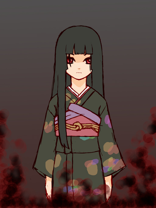 enma ai, jigoku shoujo, 00s, black hair, japanese clothes, kimono, red eyes