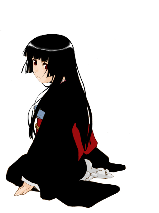 enma ai, jigoku shoujo, 00s, 1girl, black hair, female focus, japanese clothes, kimono, red eyes, simple background, solo