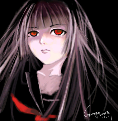 enma ai, jigoku shoujo, lowres, 00s, black hair, red eyes, school uniform, serafuku