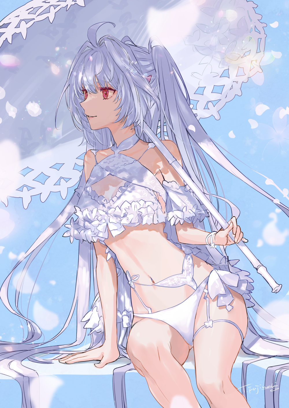 fujinari takumi, lady avalon (fate), lady avalon (second ascension) (fate), merlin (fate/prototype), fate/grand order, fate (series), highres, 1girl, ahoge, arm support, bikini, blue background, bracelet, detached sleeves, frilled bikini, frills, hair between eyes, holding, holding umbrella, jewelry, light smile, long hair, looking ahead, navel, parasol, parted lips, pink eyes, short sleeves, signature, sitting, solo, swimsuit, thigh strap, twintails, umbrella, very long hair, white bikini, white hair, white sleeves