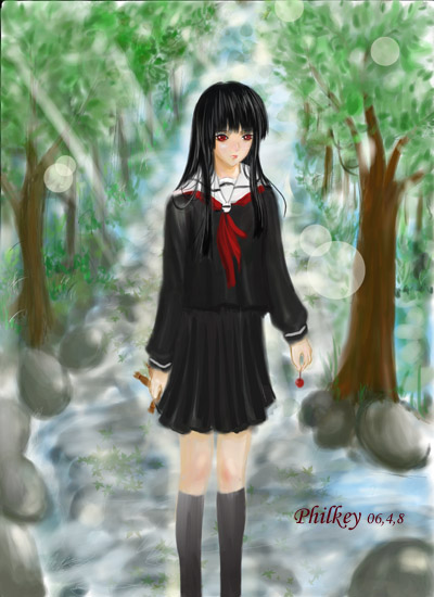 enma ai, jigoku shoujo, 00s, black hair, red eyes, school uniform, serafuku