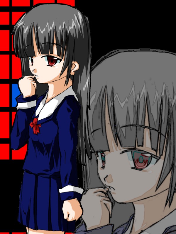 enma ai, jigoku shoujo, 00s, black hair, red eyes, school uniform, serafuku