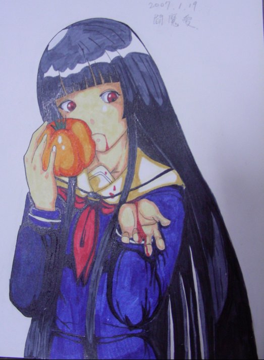enma ai, jigoku shoujo, 00s, black hair, red eyes, school uniform, serafuku