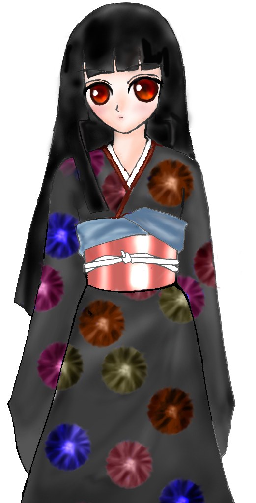 enma ai, jigoku shoujo, 00s, black hair, japanese clothes, kimono, red eyes