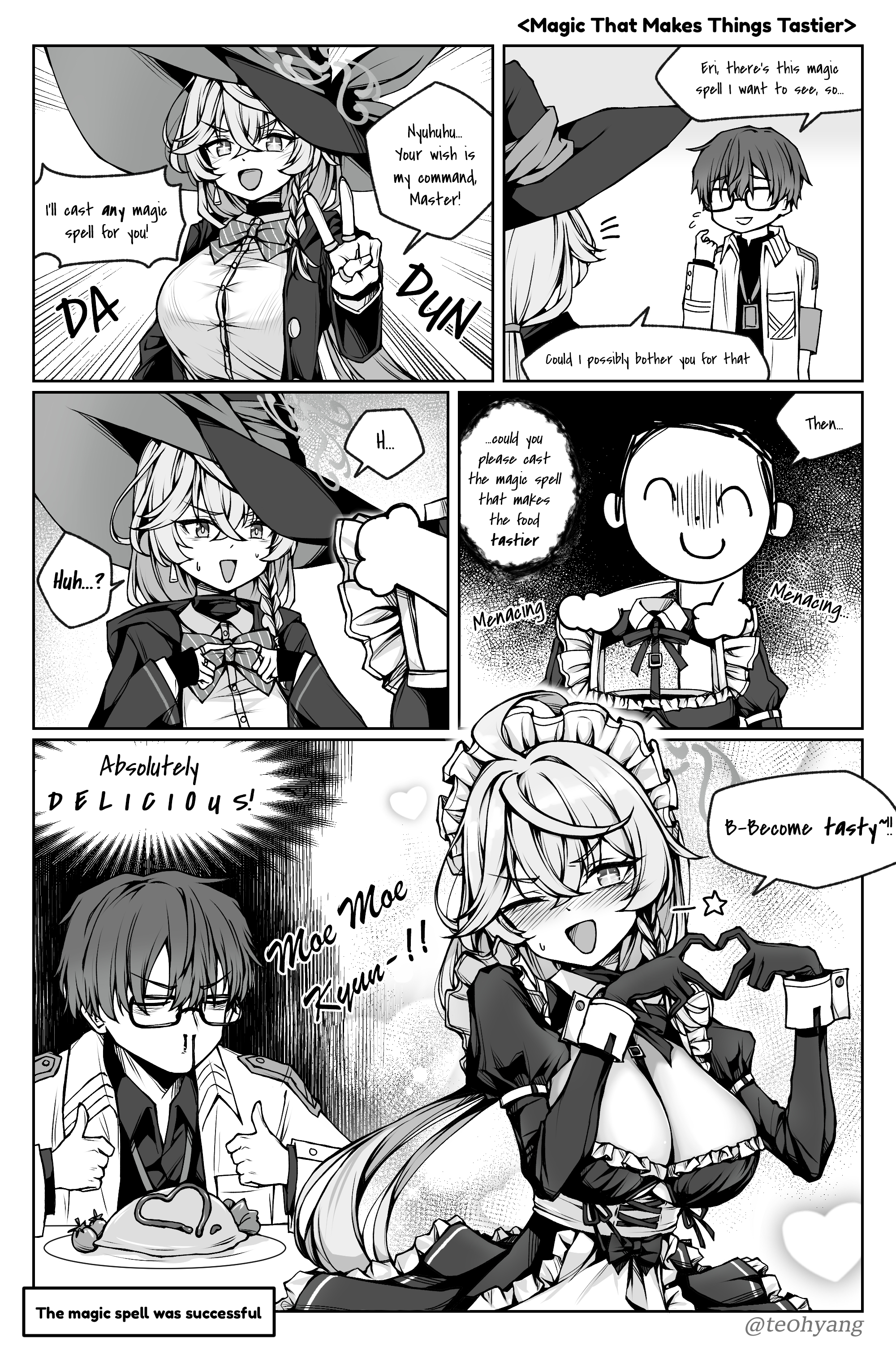 doodle sensei (blue archive), eri (blue archive), problem solver sensei (blue archive), sensei (blue archive), blue archive, alternate costume, apron, blood, blush, bow, bowtie, braid, breasts, cleavage, coat, comic, english translation, food, glasses, halo, hat, jewelry, large breasts, long hair, maid, maid apron, maid headdress, nosebleed, omelet, omurice, open clothes, open coat, orange eyes, pencil, ring, shirt, short hair, skirt, sparkle, speech bubble, sweater, te0hyang, white hair, witch hat
