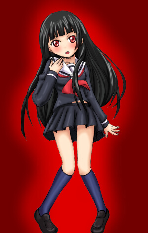 enma ai, jigoku shoujo, lowres, 00s, black hair, blush, red eyes, school uniform, serafuku