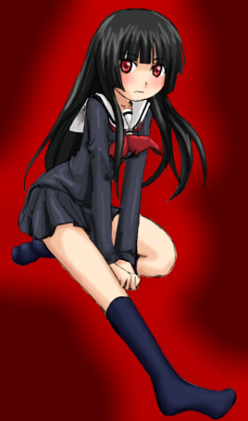 enma ai, jigoku shoujo, lowres, 00s, black hair, blush, red eyes, school uniform, serafuku
