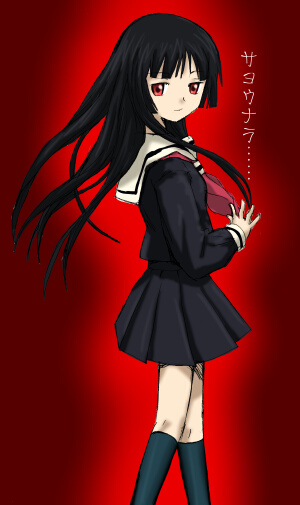 enma ai, jigoku shoujo, 00s, black hair, red eyes, school uniform, serafuku