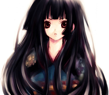 enma ai, jigoku shoujo, lowres, 00s, black hair, japanese clothes, kimono, red eyes