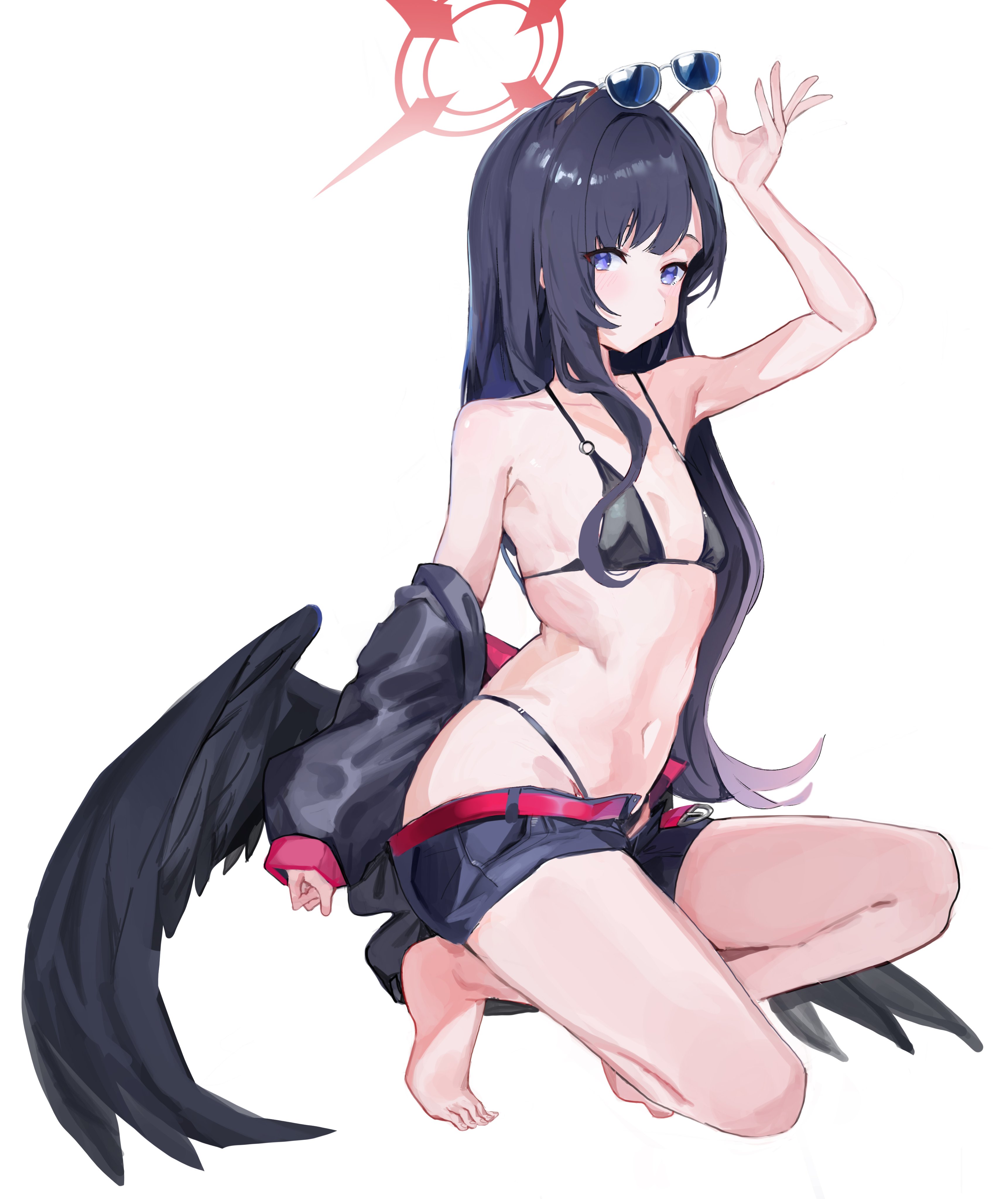 ggab0621, ichika (blue archive), ichika (swimsuit) (blue archive), blue archive, absurdres, highres, arm up, bare shoulders, barefoot, belt, bikini, bikini under shorts, black bikini, black hair, black wings, breasts, eyewear on head, feathered wings, halo, kneeling, navel, o-ring, o-ring bikini, o-ring top, open clothes, open shorts, red belt, red halo, shorts, sunglasses, swimsuit, unusually open eyes, wings