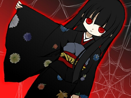 enma ai, jigoku shoujo, lowres, 00s, black hair, japanese clothes, kimono, red eyes