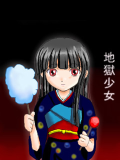 enma ai, jigoku shoujo, lowres, 00s, black hair, japanese clothes, kimono, qvga, red eyes