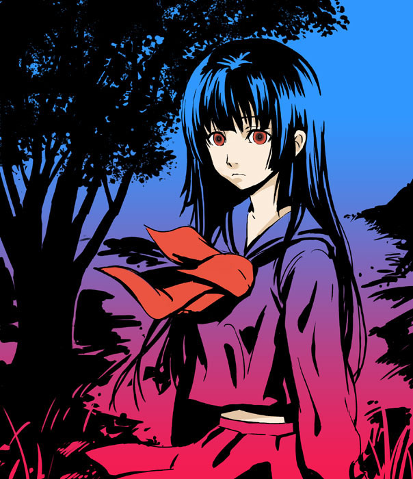 enma ai, jigoku shoujo, 00s, black hair, red eyes, school uniform, serafuku