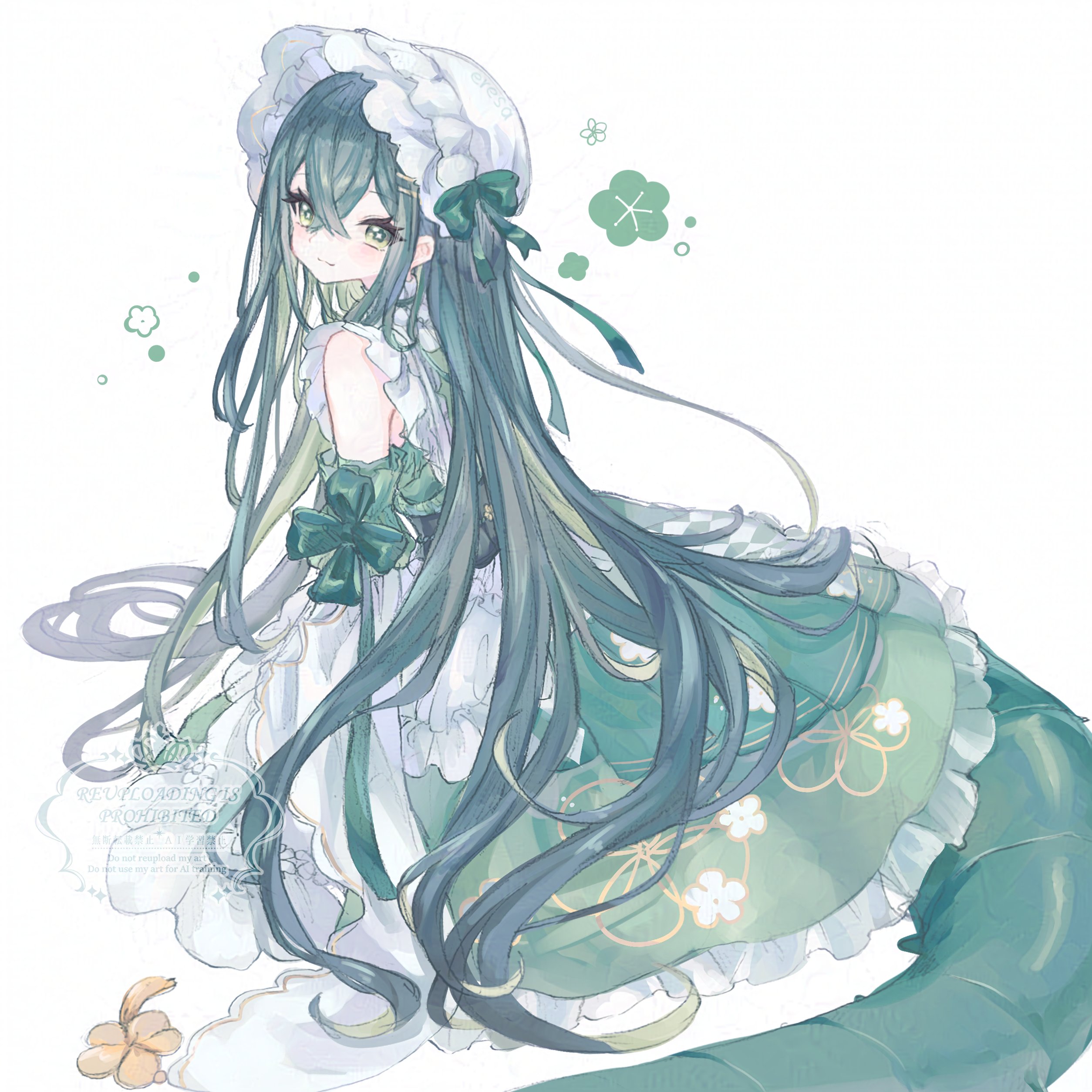 eresa, nijisanji, absurdres, commentary request, highres, 1girl, :3, bare shoulders, bonnet, bow, bright pupils, closed mouth, colored inner hair, crossed bangs, detached sleeves, dress, eyelashes, floral print, floral print dress, flower, flower in eye, frilled bonnet, frilled dress, frills, from side, full body, green bow, green dress, green eyes, green flower, green hair, green tail, hair between eyes, lizard tail, long hair, long sleeves, looking at viewer, multicolored hair, print dress, reptile girl, simple background, sitting, sleeveless, sleeveless dress, smile, solo, symbol in eye, tail, tail under clothes, togawa nonoha, turning head, two-tone hair, very long hair, virtual youtuber, watermark, white background, white bonnet, white pupils, white sleeves