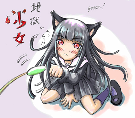 enma ai, jigoku shoujo, lowres, 00s, animal ears, black hair, cat ears, red eyes, school uniform, serafuku