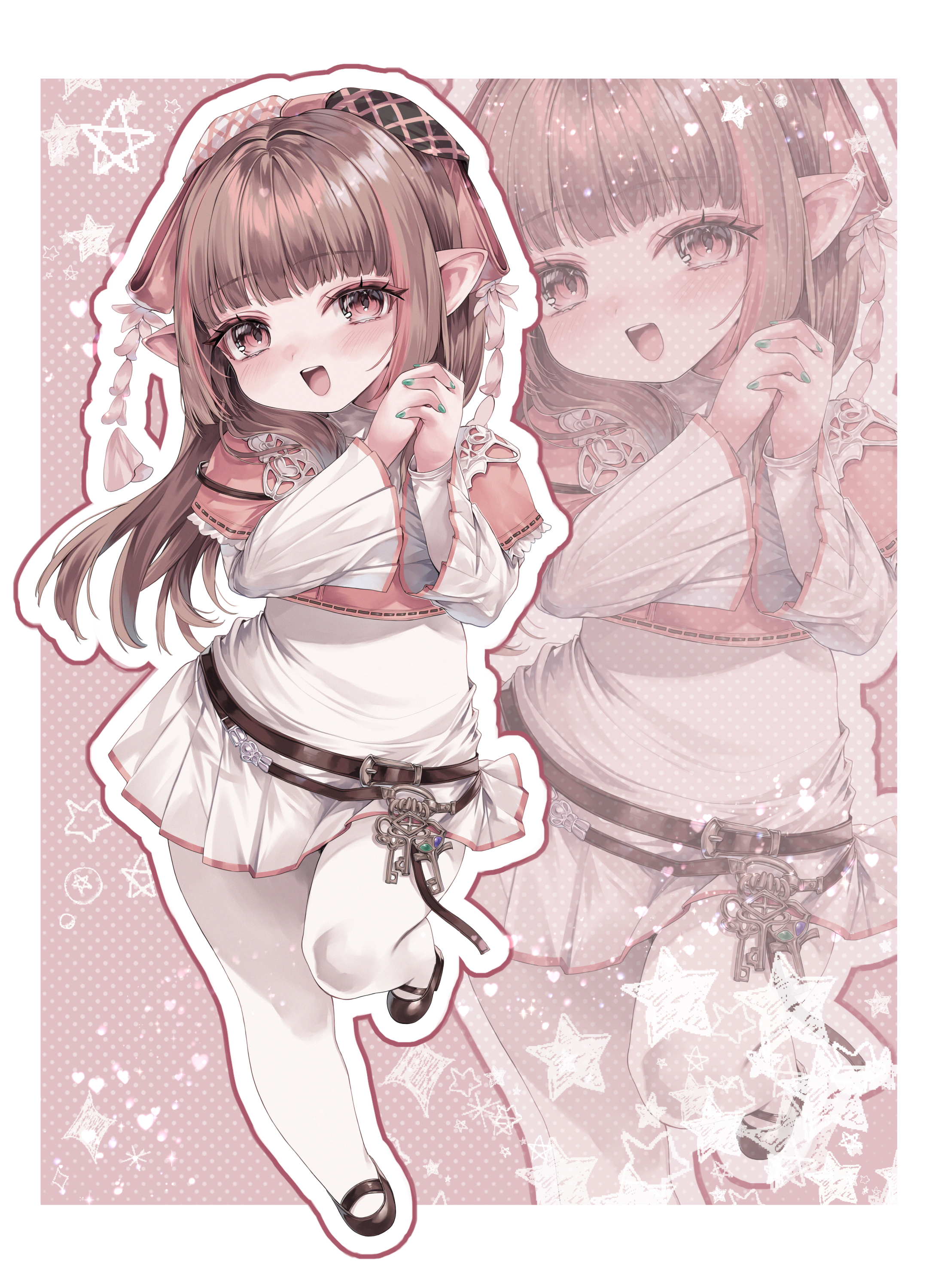 hime gyo, warrior of light (ff14), final fantasy, final fantasy xiv, absurdres, highres, 1girl, brown hair, dress, green nails, hair ribbon, lalafell, looking at viewer, mary janes, multicolored hair, open mouth, own hands clasped, own hands together, pantyhose, pink eyes, pink hair, pointy ears, ribbon, shoes, solo, streaked hair, white dress, white pantyhose, zoom layer