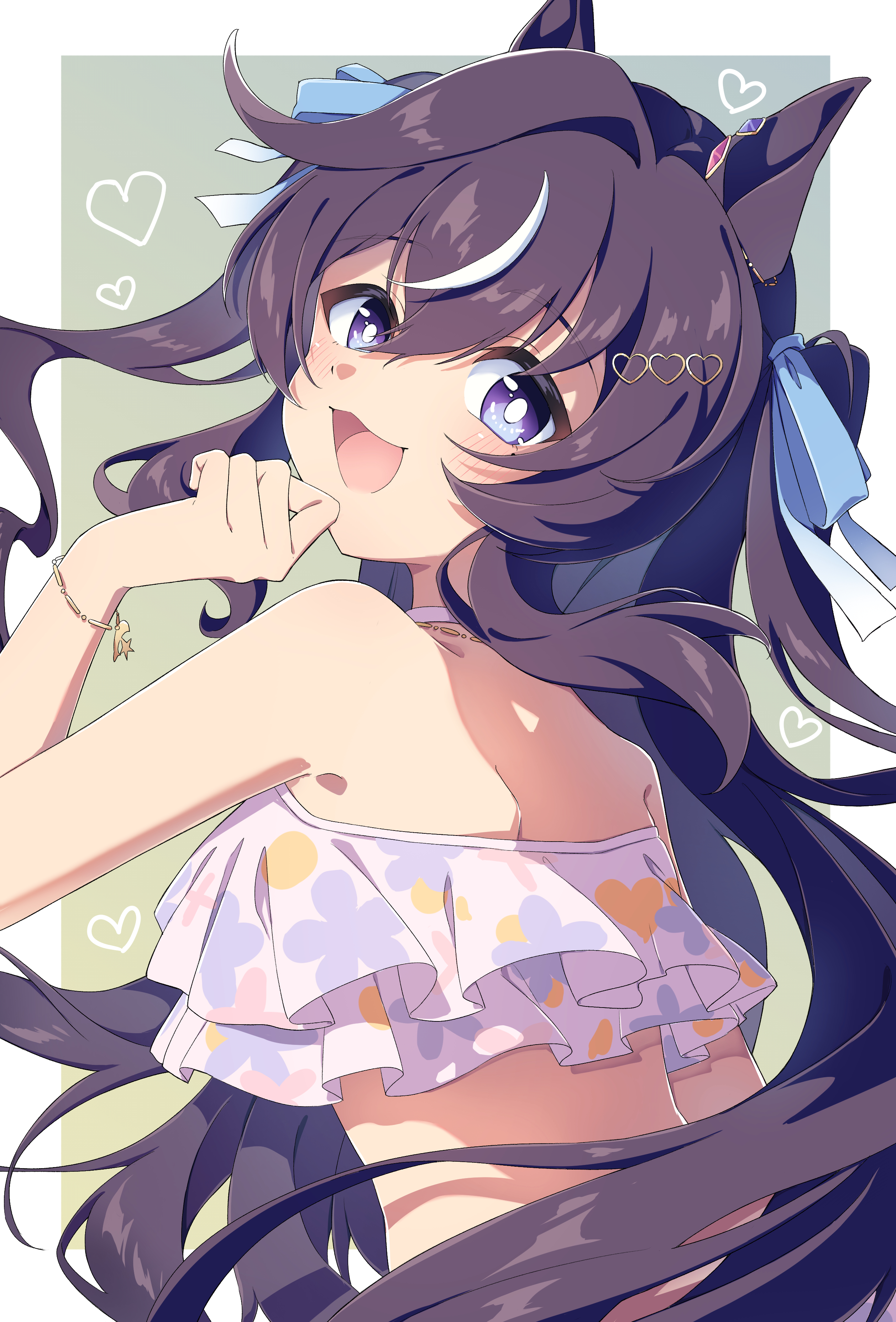 haruka30637139, vivlos (finest smile – liftoff!) (umamusume), vivlos (umamusume), umamusume, absurdres, highres, 1girl, :3, animal ears, blue eyes, blue ribbon, brown hair, double-parted bangs, from side, green background, hair between eyes, hair ribbon, heart, horse ears, horse girl, long hair, looking at viewer, official alternate costume, official alternate hairstyle, open mouth, ribbon, shoulder blades, smile, solo, swimsuit, two side up, upper body, very long hair