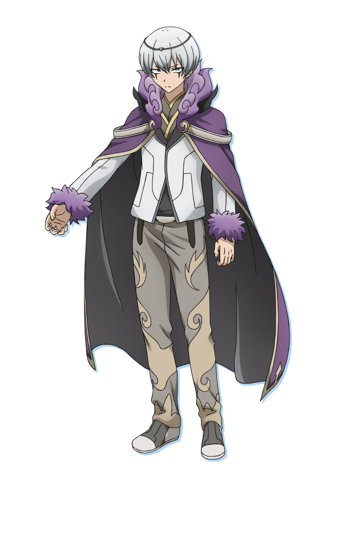 farmagia, official art, 1boy, anime coloring, belt, black belt, cloak, closed mouth, facepaint, full body, fur-trimmed jacket, fur trim, grey pants, grey shirt, grey shoes, high collar, iizumi toshiomi, jacket, long sleeves, looking at viewer, manas (farmagia), outstretched arm, pants, purple cloak, shirt, shoes, short hair, simple background, solo, standing, transparent background, tsurime, white hair, white jacket
