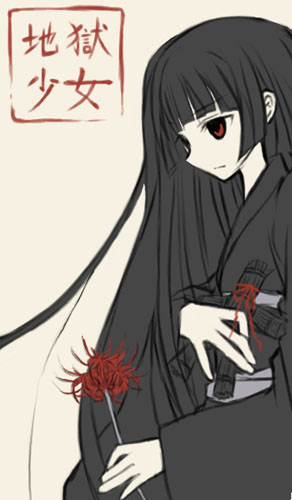enma ai, jigoku shoujo, lowres, 00s, black hair, japanese clothes, kimono, red eyes