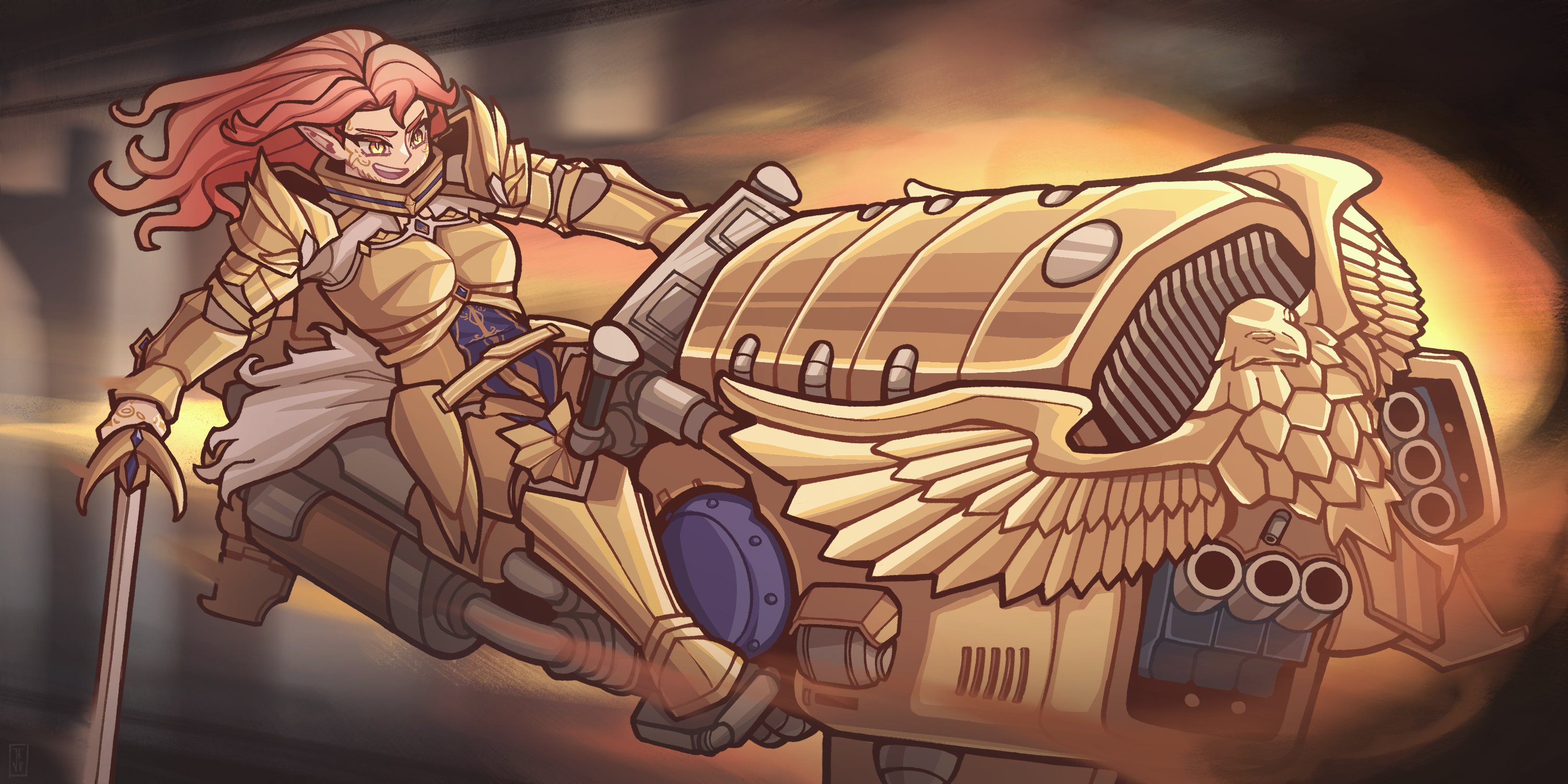 jaeflare, indie virtual youtuber, highres, 1girl, armor, aurelia tempris, blurry, blurry background, facial tattoo, gold armor, holding, holding sword, holding weapon, long hair, motor vehicle, motorcycle, on motorcycle, open mouth, pointy ears, red hair, solo, sword, tattoo, teeth, upper teeth only, virtual youtuber, weapon, yellow eyes