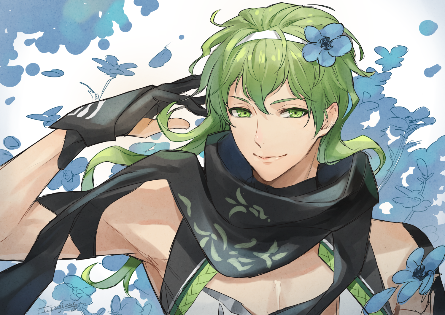fujinari takumi, david (fate), david (third ascension) (fate), fate/grand order, fate (series), 1boy, arm up, black gloves, black scarf, blue flower, closed mouth, flower, gloves, green eyes, green hair, grey background, hair between eyes, hair flower, hair ornament, hairband, long hair, looking at viewer, male focus, partially fingerless gloves, scarf, signature, sleeveless, smile, solo, upper body, white hairband
