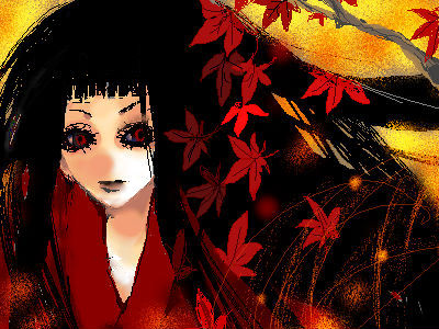enma ai, jigoku shoujo, lowres, 00s, black hair, japanese clothes, kimono, red eyes