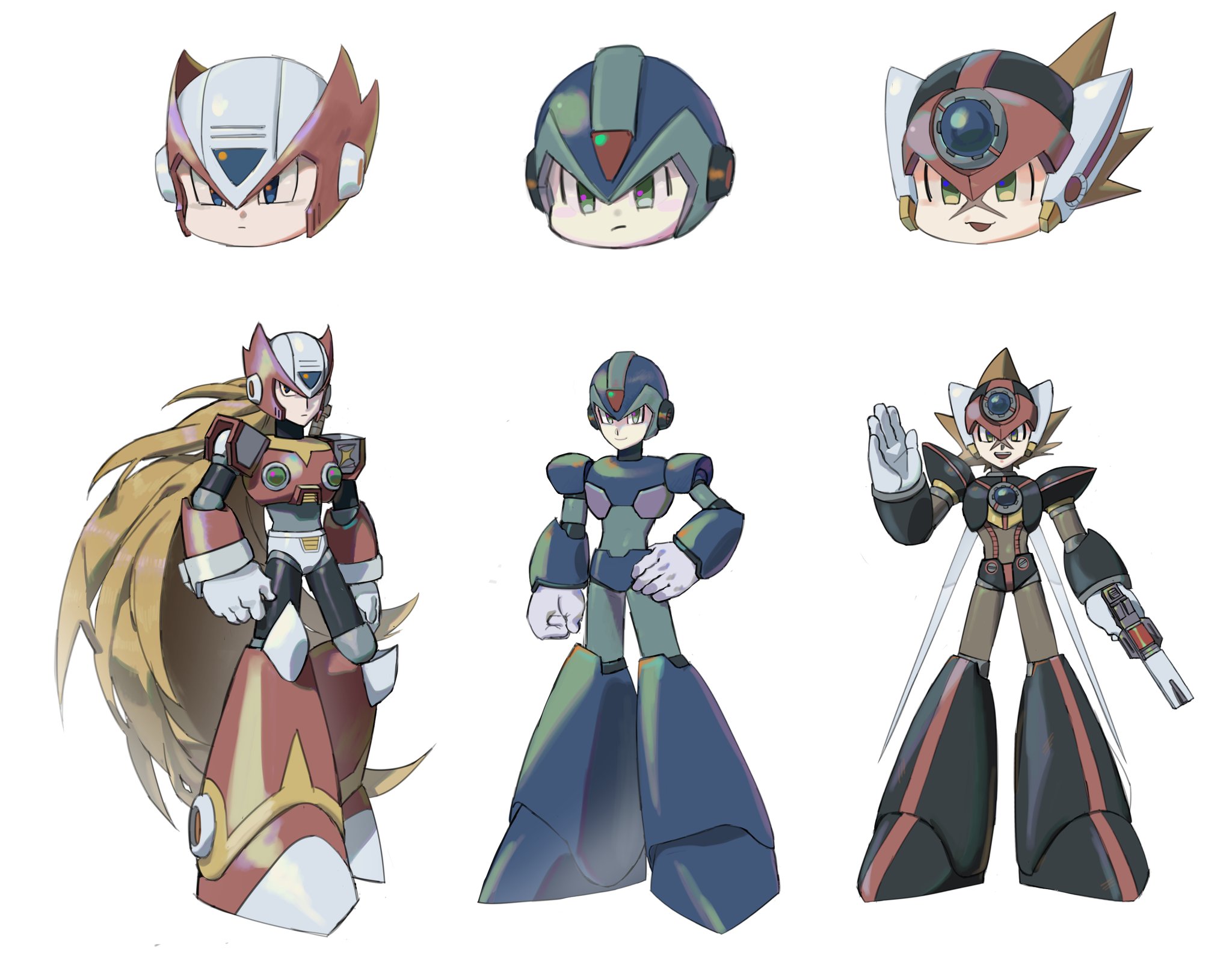 nanhui aria, axl (mega man), x (mega man), zero (mega man), mega man (series), mega man x (series), highres, 3boys, armor, black armor, blonde hair, blue armor, blue helmet, brown hair, chest jewel, chibi, cross scar, forehead jewel, full body, group picture, gun, helmet, holding, holding gun, holding weapon, long hair, male focus, multiple boys, red armor, red helmet, scar, scar on face, simple background, spiked hair, weapon, white background