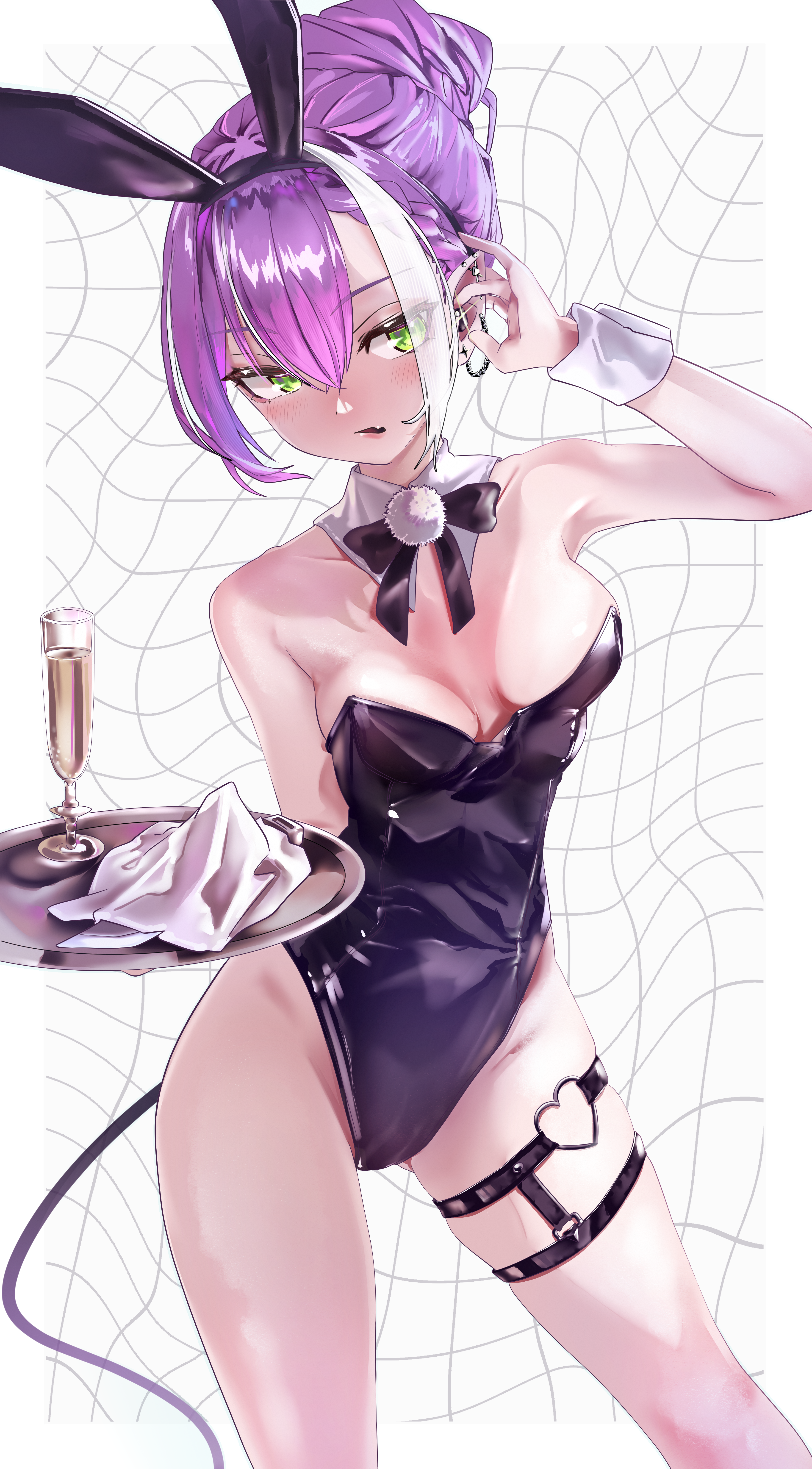 shago daruma, tokoyami towa, hololive, absurdres, highres, 1girl, animal ears, bare shoulders, black leotard, breasts, cowboy shot, earrings, fake animal ears, green eyes, hair bun, holding, holding tray, jewelry, leotard, medium breasts, playboy bunny, pointy ears, purple hair, rabbit ears, solo, strapless, strapless leotard, tray, virtual youtuber