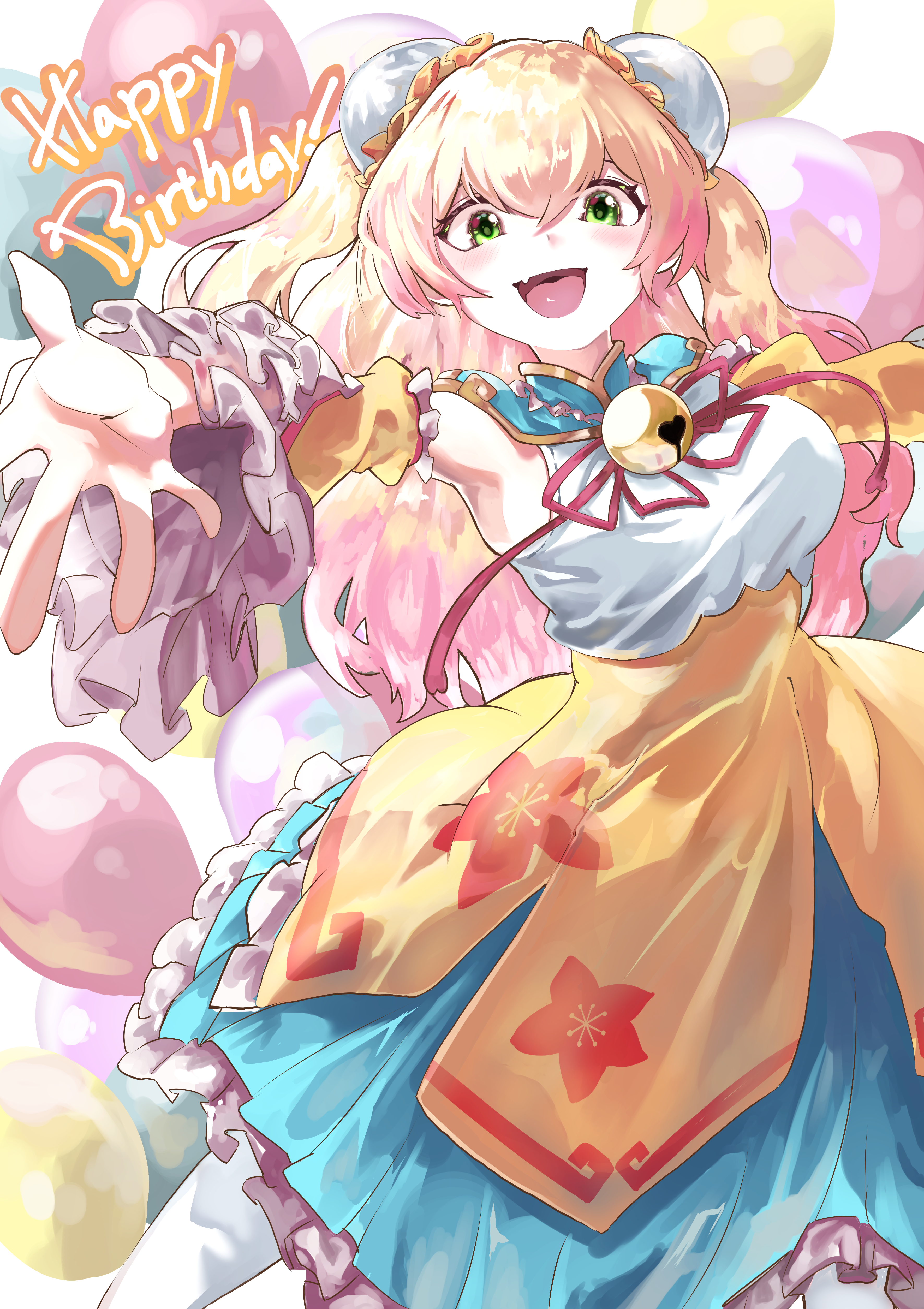 shago daruma, momosuzu nene, momosuzu nene (old design), hololive, absurdres, commentary request, highres, 1girl, balloon, bare shoulders, blonde hair, blue skirt, cowboy shot, double bun, english text, hair bun, happy birthday, shirt, skirt, solo, virtual youtuber, yellow shirt