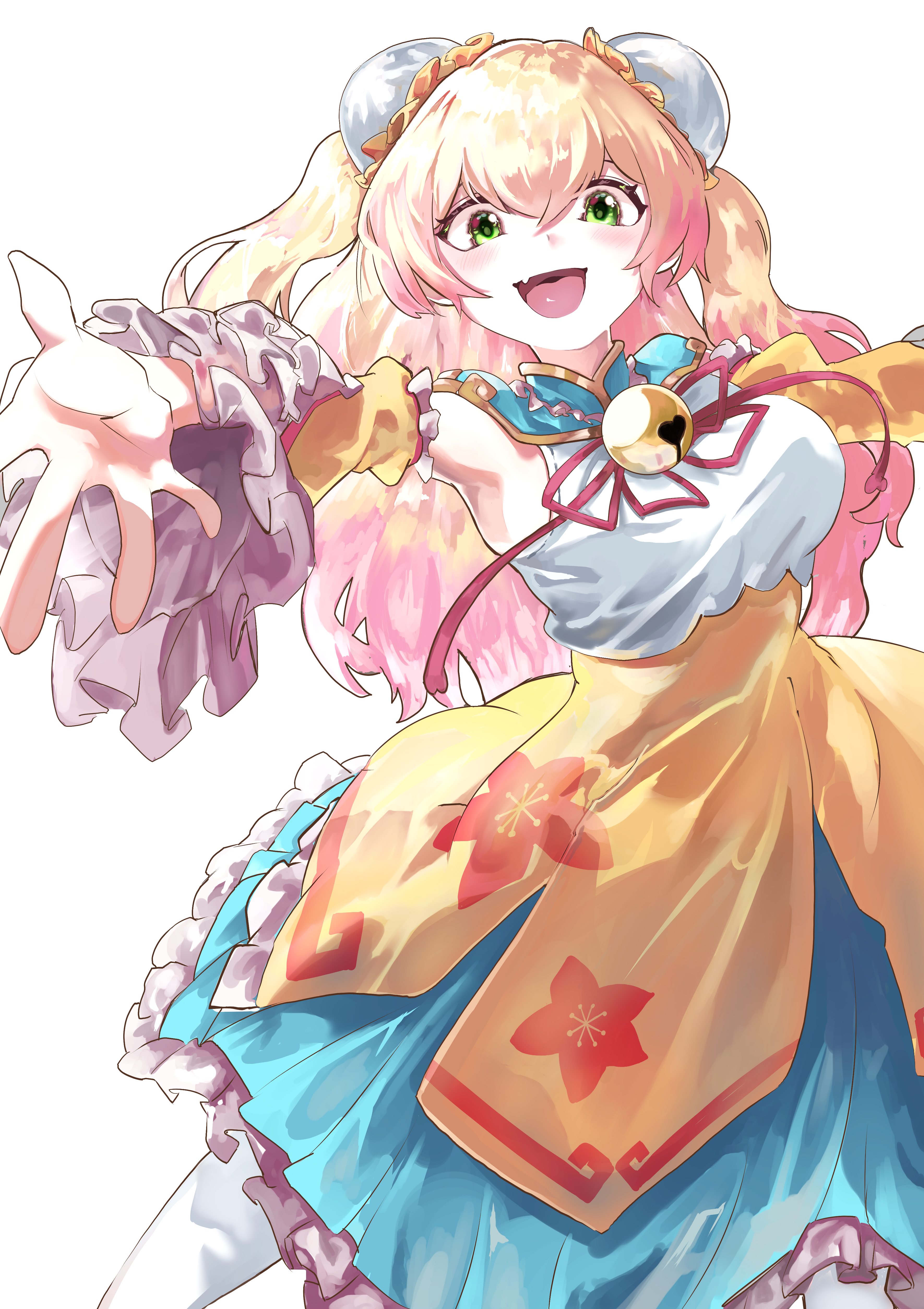 shago daruma, momosuzu nene, momosuzu nene (old design), hololive, absurdres, commentary request, highres, textless version, 1girl, bare shoulders, blonde hair, blue skirt, cowboy shot, double bun, hair bun, shirt, simple background, skirt, solo, transparent background, virtual youtuber, yellow shirt