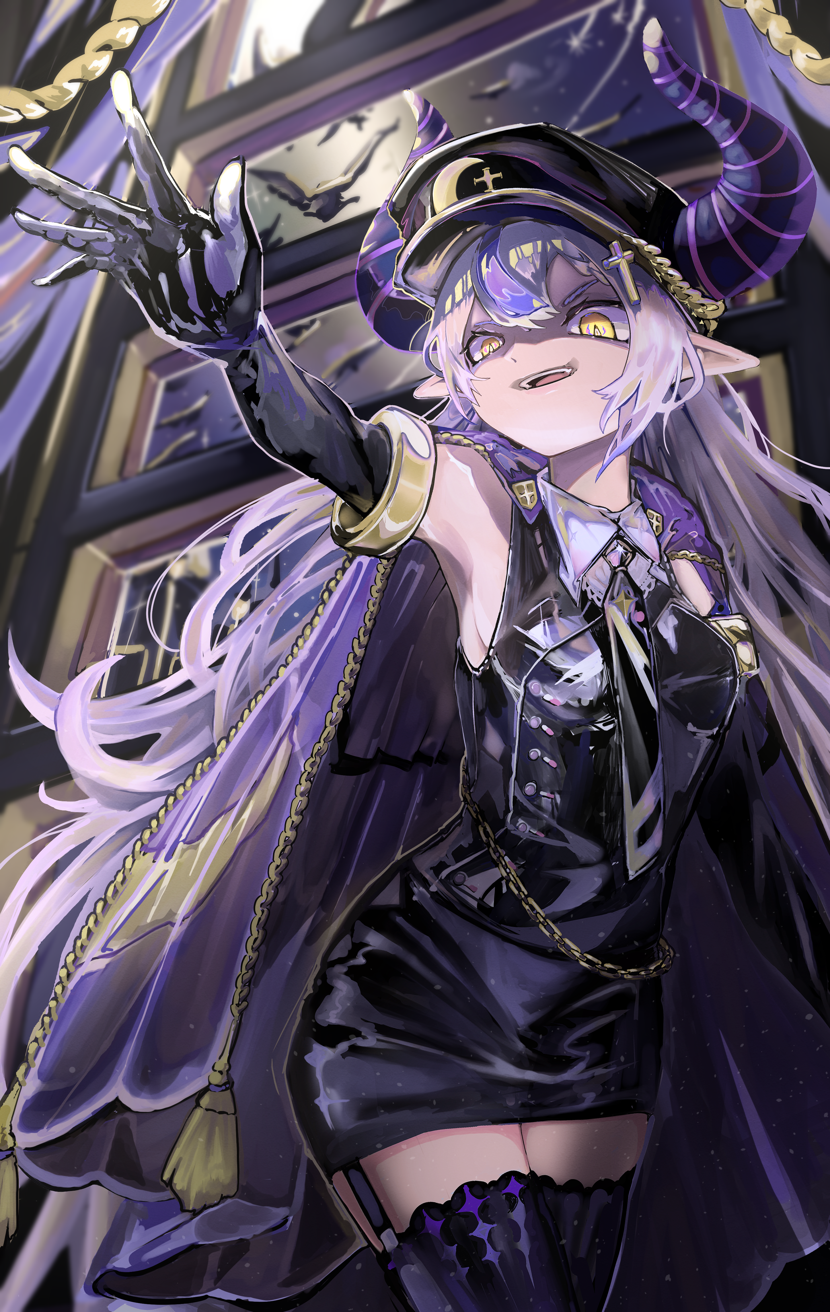 shago daruma, la+ darknesss, hololive, absurdres, highres, 1girl, alternate costume, bat (animal), black dress, black gloves, black hat, cape, collared dress, cross, demon girl, demon horns, dress, elbow gloves, garter straps, gloves, hat, horns, indoors, long hair, looking at viewer, open mouth, pointy ears, purple cape, purple hair, smile, solo, standing, virtual youtuber, yellow eyes