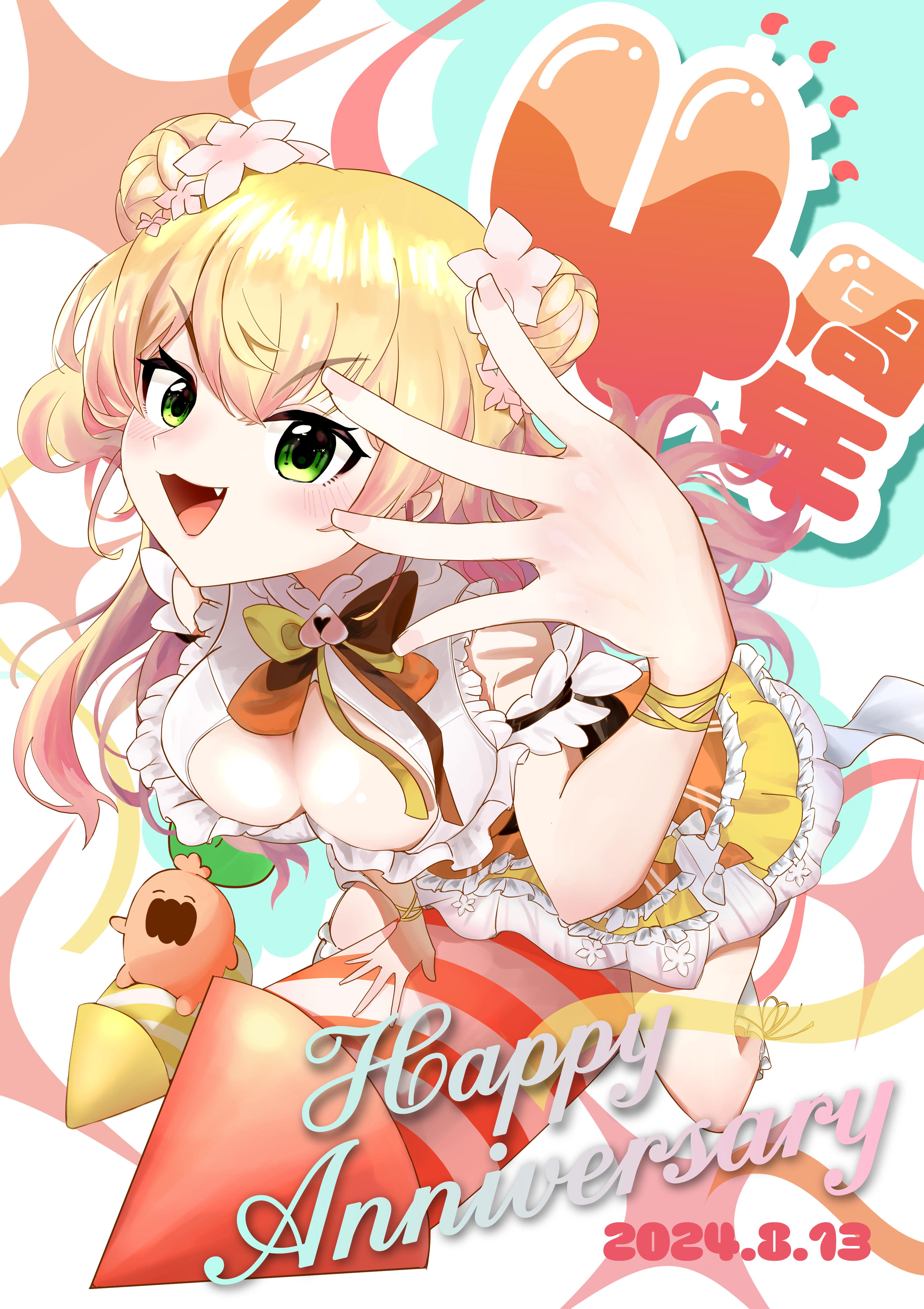 shago daruma, momosuzu nene, momosuzu nene (1st costume), nekko (momosuzu nene), hololive, absurdres, commentary request, highres, 1girl, :3, arm garter, bell, blonde hair, bow, bowtie, breasts, brown bow, brown bowtie, carrot, cleavage, cleavage cutout, clothing cutout, dated, double-parted bangs, double bun, dress, english text, fang, flower, green eyes, hair bun, hair flower, hair ornament, happy anniversary, jingle bell, large breasts, long hair, looking at viewer, mixed-language text, multicolored bow, multicolored bowtie, neck bell, open mouth, orange bow, orange bowtie, pink hair, riding rocket, rocket, side up bun, solo, two side up, virtual youtuber, yellow bow, yellow bowtie, yellow dress