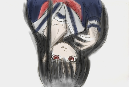 enma ai, jigoku shoujo, lowres, 00s, black hair, red eyes, school uniform, serafuku