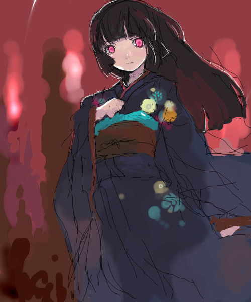 enma ai, jigoku shoujo, 00s, black hair, japanese clothes, kimono, red eyes