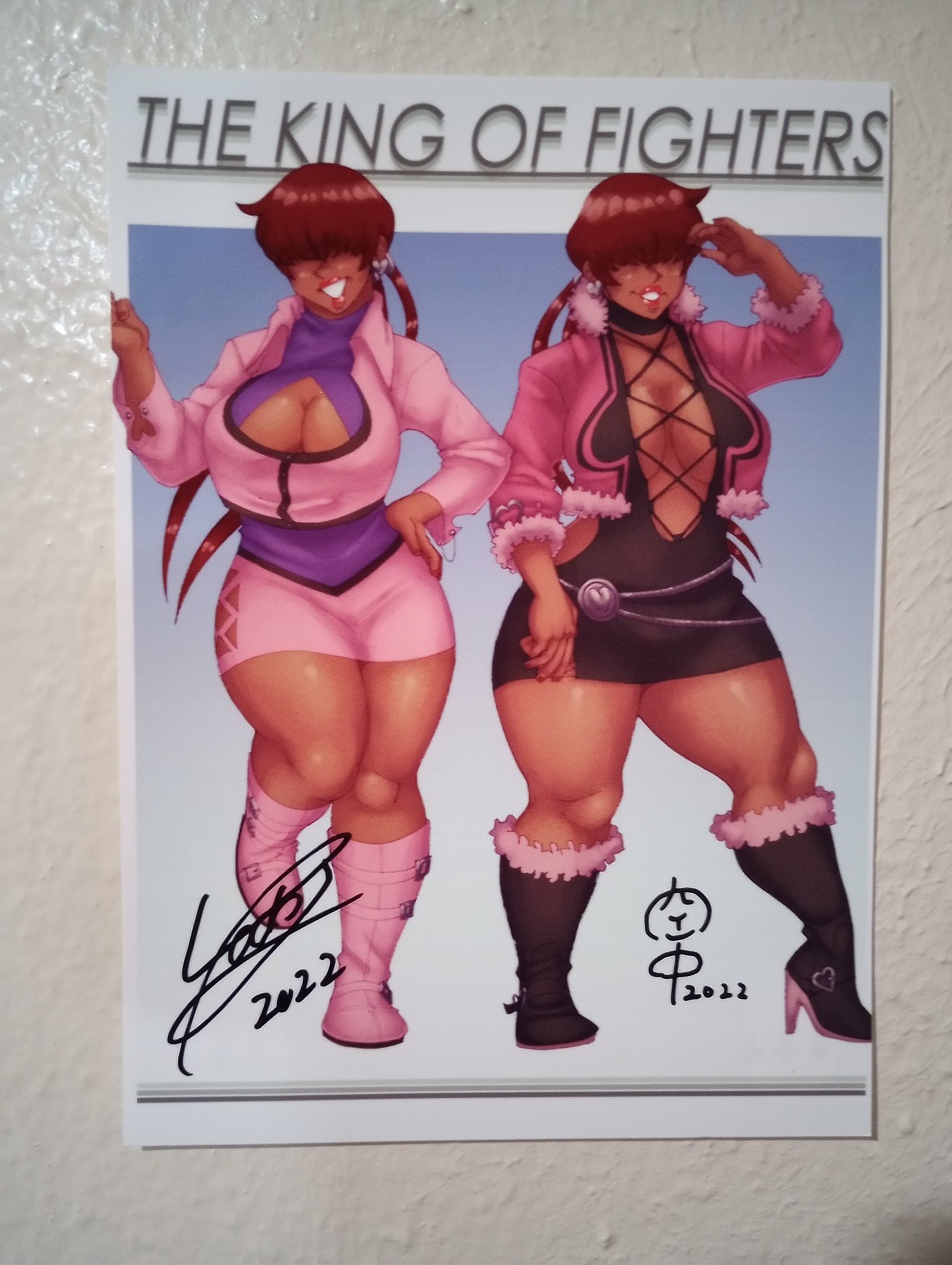 1shermieaday, shermie (kof), the king of fighters, 1girl, boots, breasts, cleavage cutout, clothing cutout, curvy, dark-skinned female, dark skin, dress, earrings, fishnets, fluffy, heart, heel up, high heels, huge breasts, jacket, jewelry, large breasts, leather, leg up, long hair, no bra, ponytail, red hair, shiny skin, skirt, smile, smiley face, standing, tan, thick lips, thick thighs, thighs, twintails, wide hips