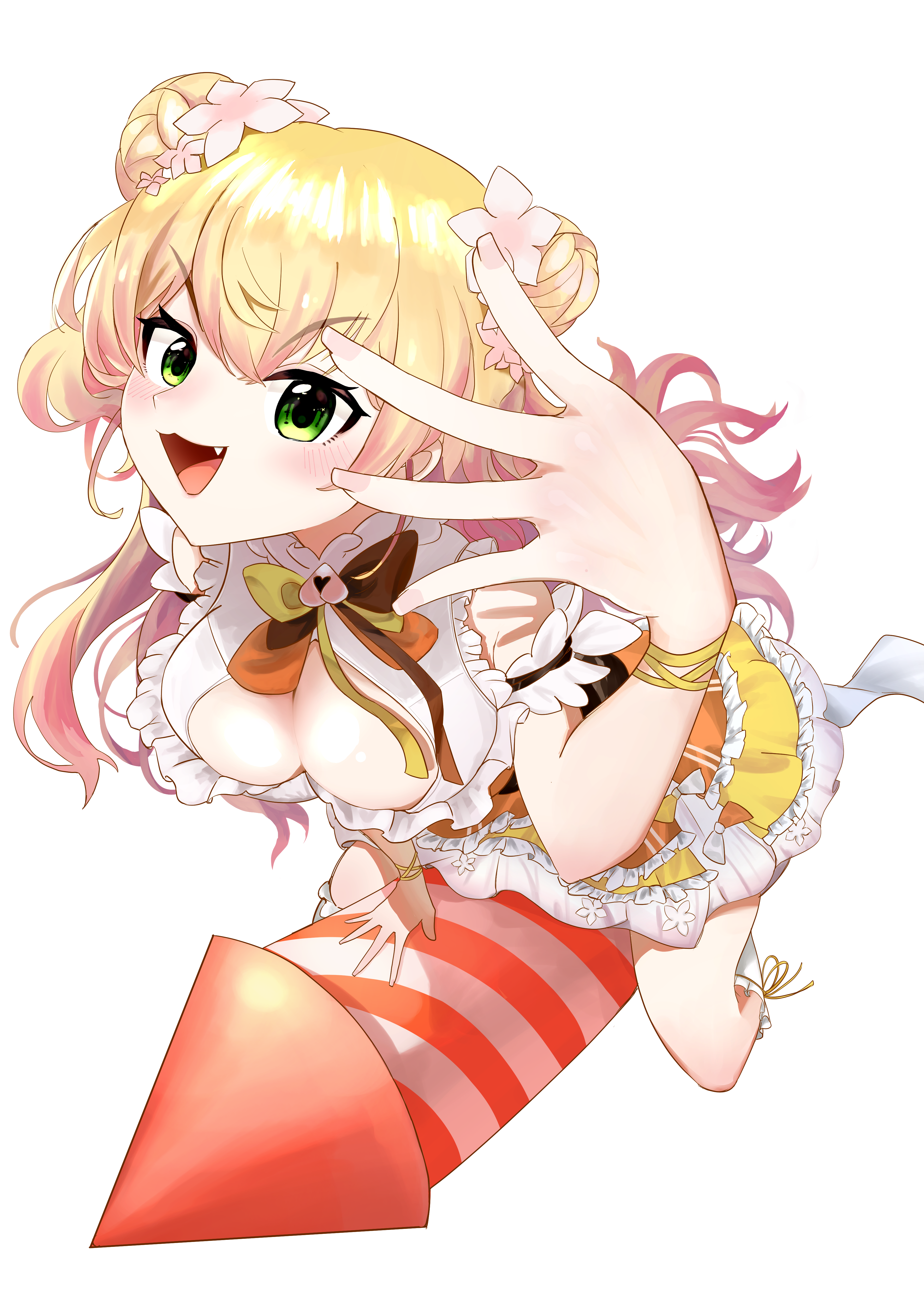 shago daruma, momosuzu nene, momosuzu nene (1st costume), nekko (momosuzu nene), hololive, absurdres, commentary request, highres, textless version, 1girl, :3, arm garter, bell, blonde hair, bow, bowtie, breasts, brown bow, brown bowtie, carrot, cleavage, cleavage cutout, clothing cutout, double-parted bangs, double bun, dress, fang, flower, green eyes, hair bun, hair flower, hair ornament, jingle bell, large breasts, long hair, looking at viewer, multicolored bow, multicolored bowtie, neck bell, open mouth, orange bow, orange bowtie, pink hair, riding rocket, rocket, side up bun, simple background, solo, transparent background, two side up, virtual youtuber, yellow bow, yellow bowtie, yellow dress