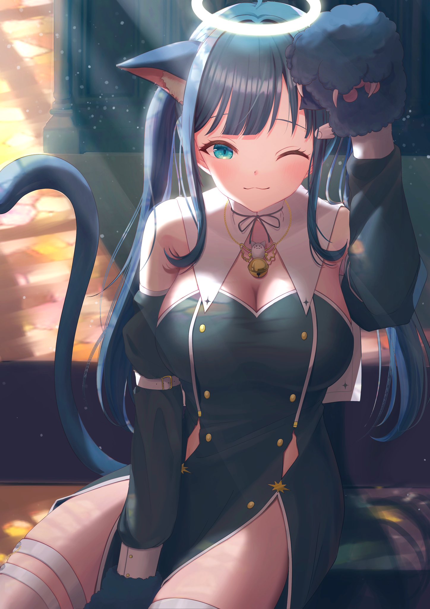 shima koushi, amano nene (vtuber), indie virtual youtuber, highres, 1girl, animal ear fluff, animal ears, animal hands, bell, black dress, black hair, blue eyes, breasts, cat ears, cat girl, cat tail, dress, halo, long hair, long sleeves, neck bell, one eye closed, pelvic curtain, solo, tail, virtual youtuber