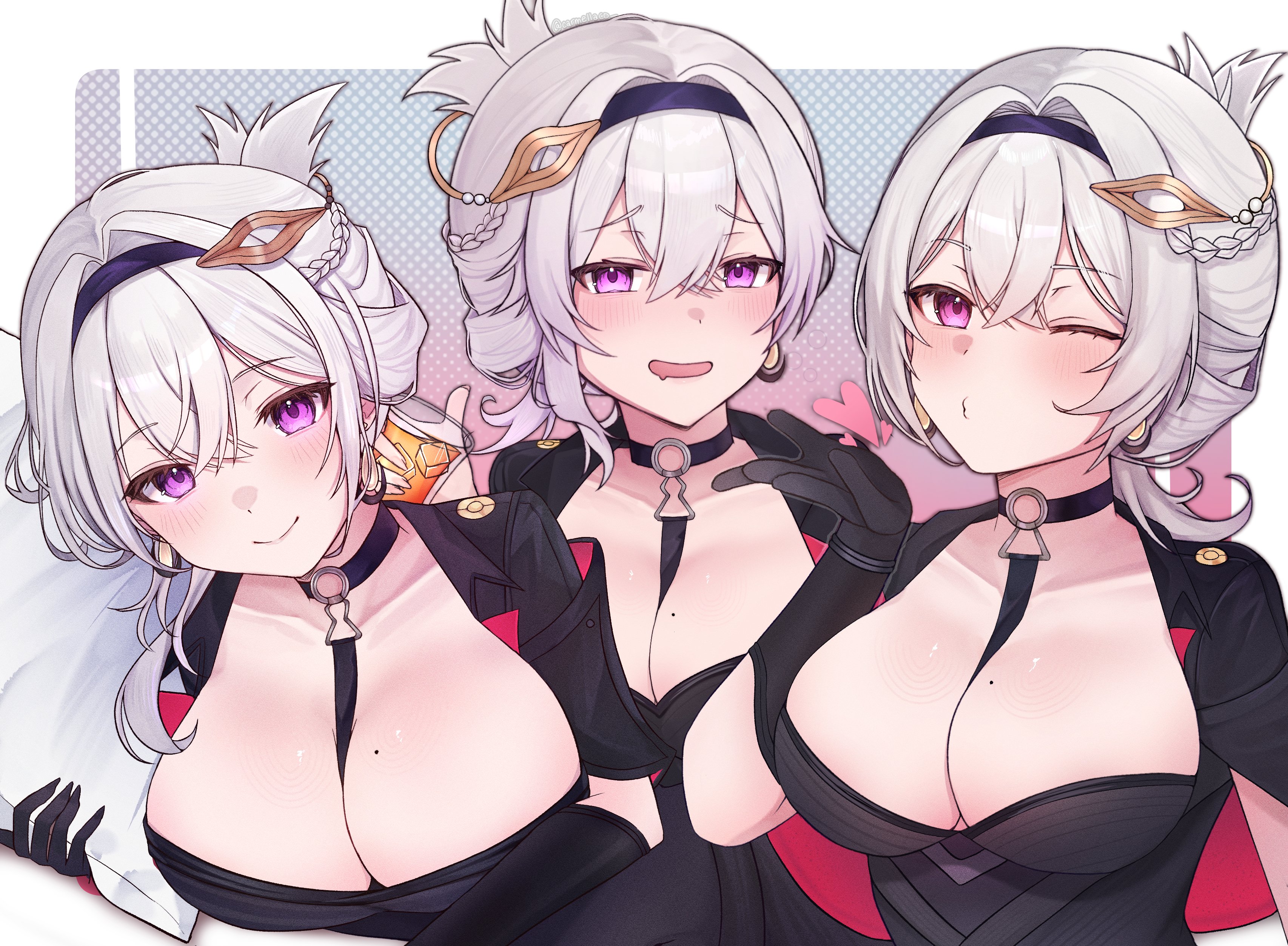 carmellaco, huxley (trigger of fate the novita), fate trigger: the novita, absurdres, highres, 1girl, breasts, grey hair, hair ornament, hand up, holding, looking at viewer, one eye closed, open mouth, purple eyes, simple background, smile, solo