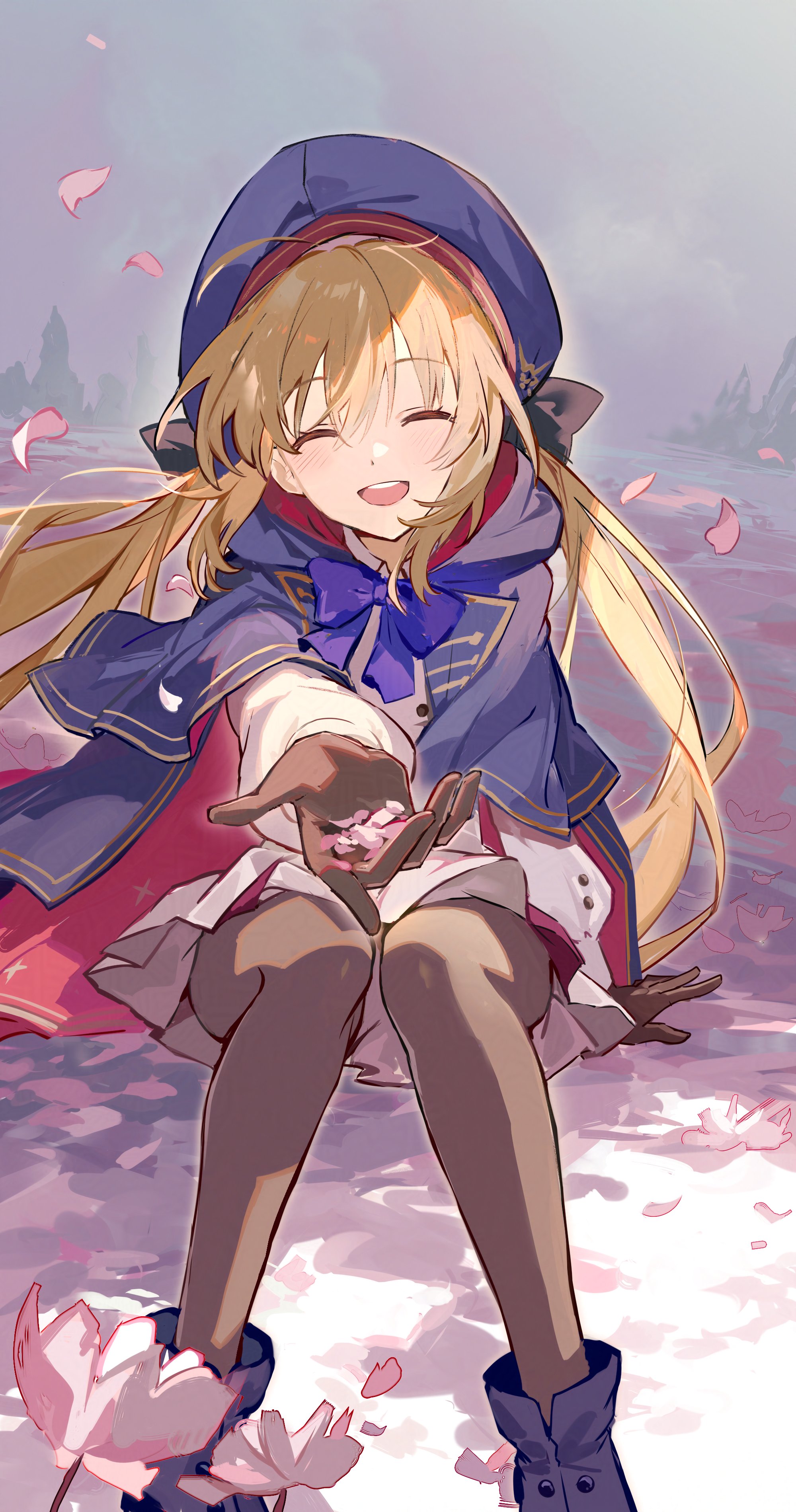 karasu btk, artoria caster (fate), artoria caster (second ascension) (fate), artoria pendragon (fate), fate/grand order, fate (series), absurdres, highres, 1girl, beret, black gloves, black pantyhose, blonde hair, blue bow, blue bowtie, blue cape, bow, bowtie, cape, closed eyes, dress, falling petals, gloves, hat, long sleeves, outdoors, pantyhose, petals, reaching, reaching towards viewer, sitting, smile, solo, teeth, upper teeth only, white dress
