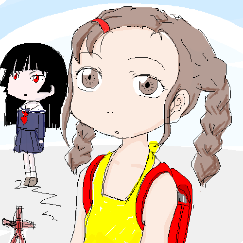 enma ai, shibata tsugumi, jigoku shoujo, lowres, 00s, 2girls, black hair, braid, brown eyes, brown hair, multiple girls, red eyes, school uniform, serafuku