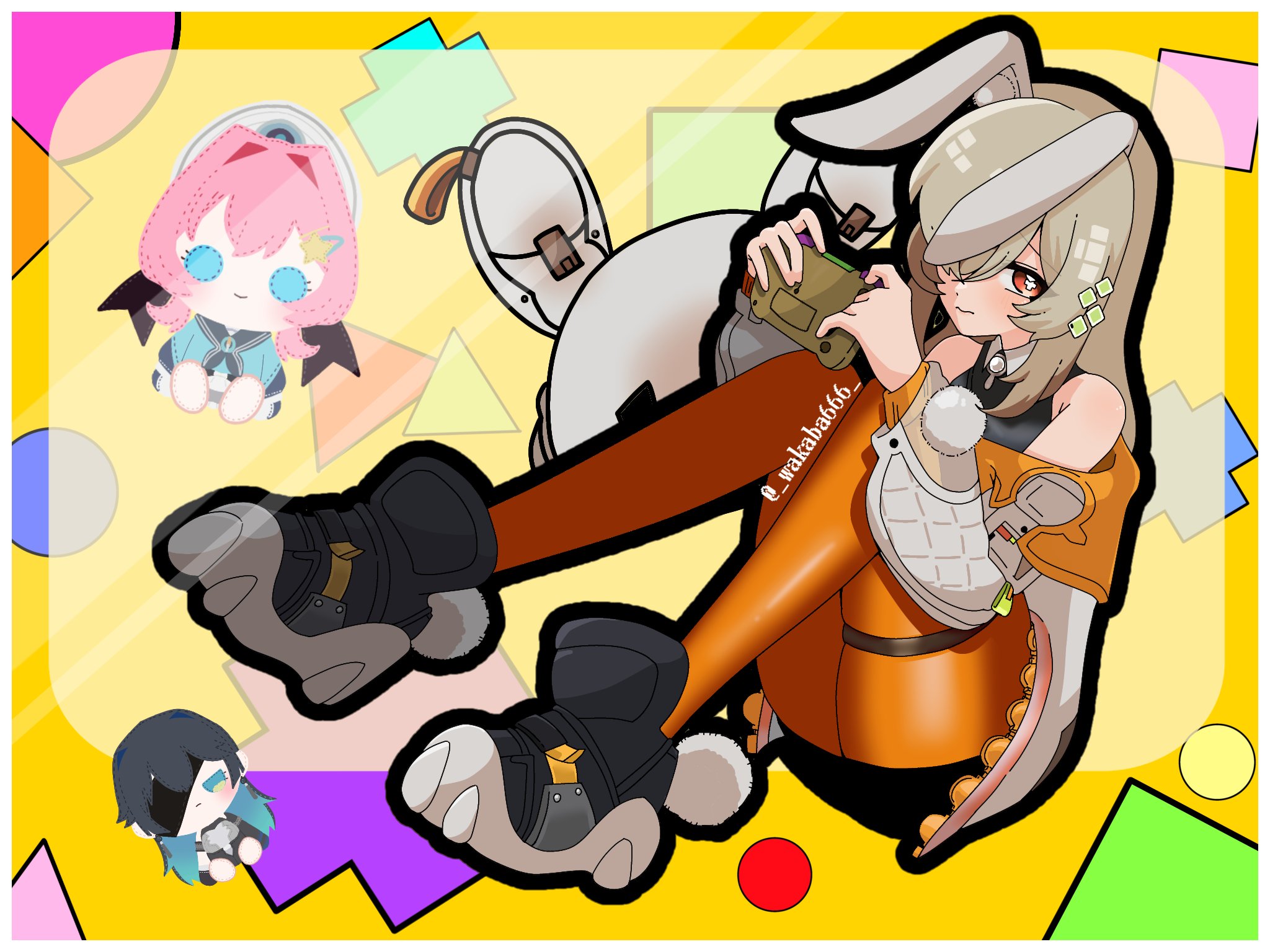 kira (trigger of fate the novita), fate trigger: the novita, highres, 1girl, animal ears, controller, game console, game controller, gamecube, gamecube controller, gamepad, hair ornament, hair over one eye, hairpin, hands up, high up, holding, long hair, looking at viewer, multiple girls, nase (trigger of fate the novita), nintendo 64, nintendo 64 controller, open mouth, orange eyes, rabbit ears, red eyes, super famicom gamepad, white hair, xiva (trigger of fate the novita)