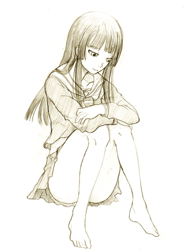 enma ai, jigoku shoujo, lowres, 00s, monochrome, school uniform, serafuku, sketch