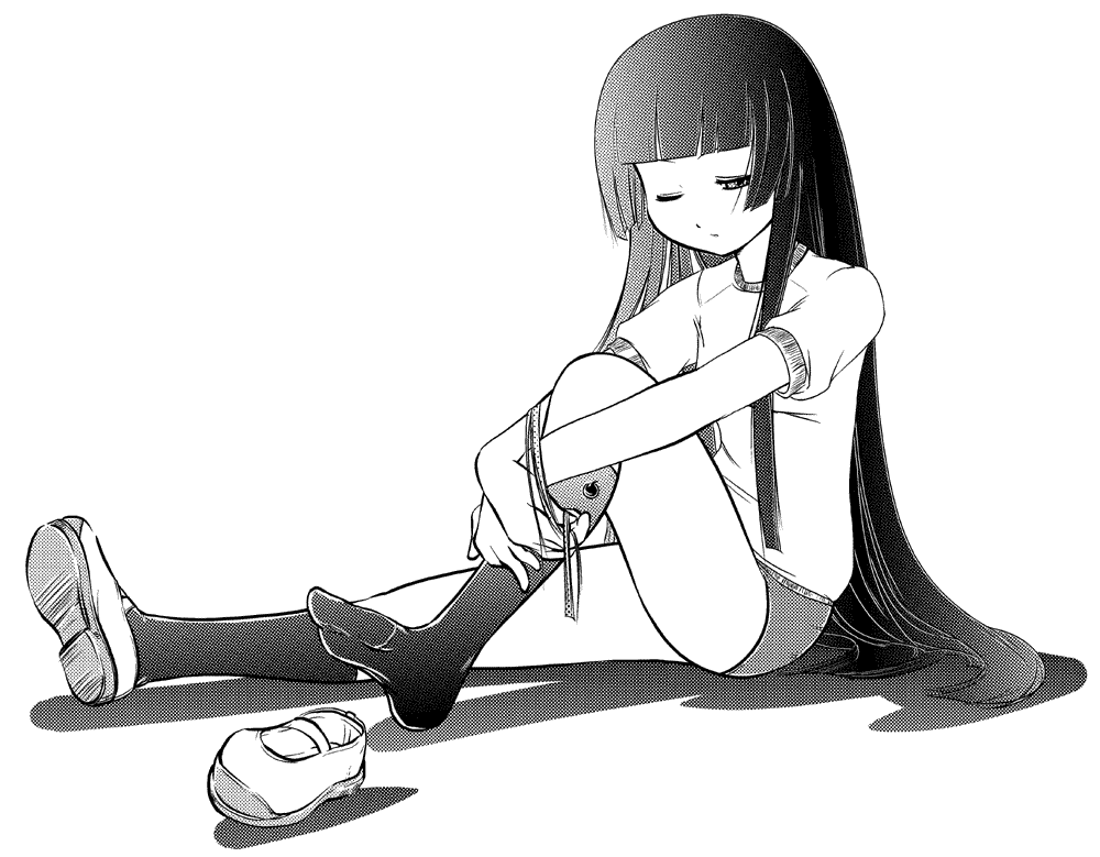 enma ai, jigoku shoujo, 00s, gym uniform, monochrome, sketch