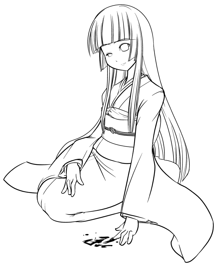 enma ai, jigoku shoujo, 00s, japanese clothes, kimono, monochrome, sketch