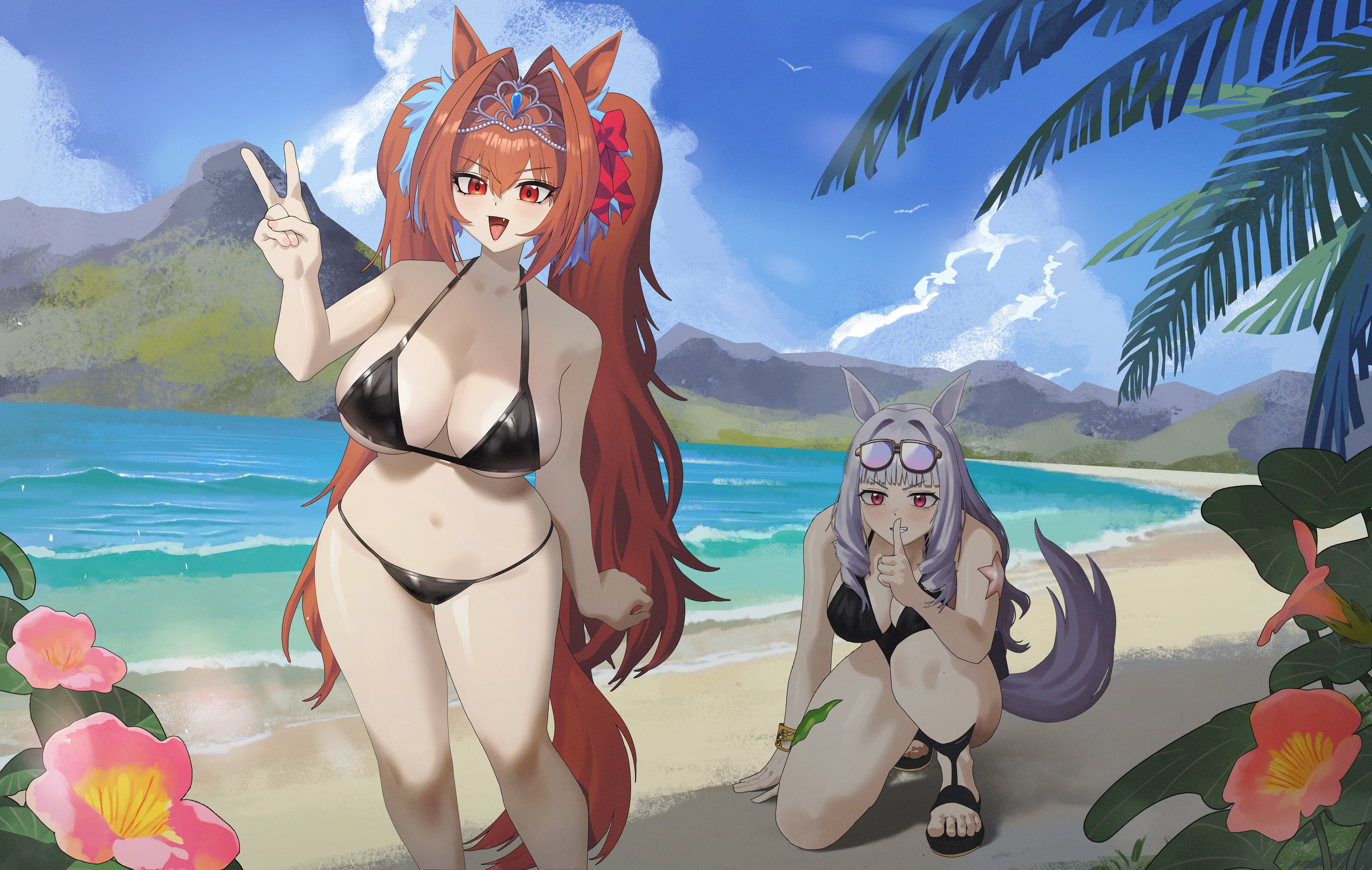 darue, daiwa scarlet (umamusume), gold ship (run revolt launcher) (umamusume), gold ship (umamusume), umamusume, absurdres, commentary, highres, 2girls, animal ears, antenna hair, beach, bikini, black bikini, blue sky, blush, breasts, brown hair, cleavage, cloud, cloudy sky, day, eyewear on head, finger to mouth, hair intakes, hair ornament, hand up, horse ears, horse girl, horse tail, index finger raised, large breasts, long hair, looking at viewer, mountain, multiple girls, navel, official alternate costume, official alternate hairstyle, on one knee, open mouth, outdoors, red eyes, shushing, sky, smile, standing, sunglasses, swimsuit, tail, thighs, tiara, twintails, v, white hair, white tail