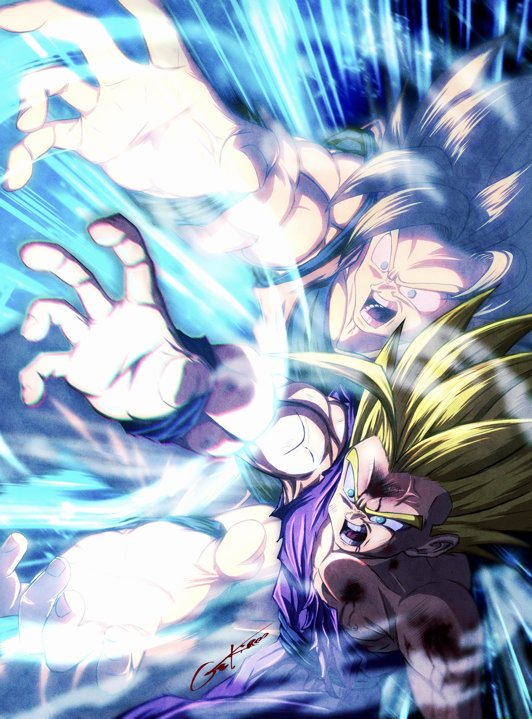 gekiroo, son gohan, son goku, dragon ball, dragonball z, highres, 2boys, blonde hair, blood, blood on face, blue wrist cuffs, dougi, father-son kamehameha, father and son, green eyes, kamehameha (dragon ball), male focus, medium hair, multiple boys, muscular, muscular male, open mouth, pants, purple pants, purple shirt, red sash, sash, scene reference, screaming, shirt, signature, spiked hair, super saiyan, super saiyan 1, super saiyan 2, torn clothes, torn shirt, wrist cuffs