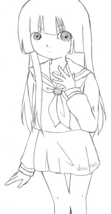enma ai, jigoku shoujo, 00s, monochrome, school uniform, serafuku, sketch