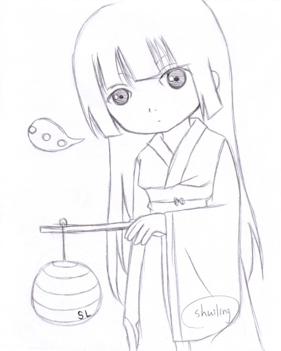 enma ai, jigoku shoujo, 00s, japanese clothes, kimono, monochrome, sketch