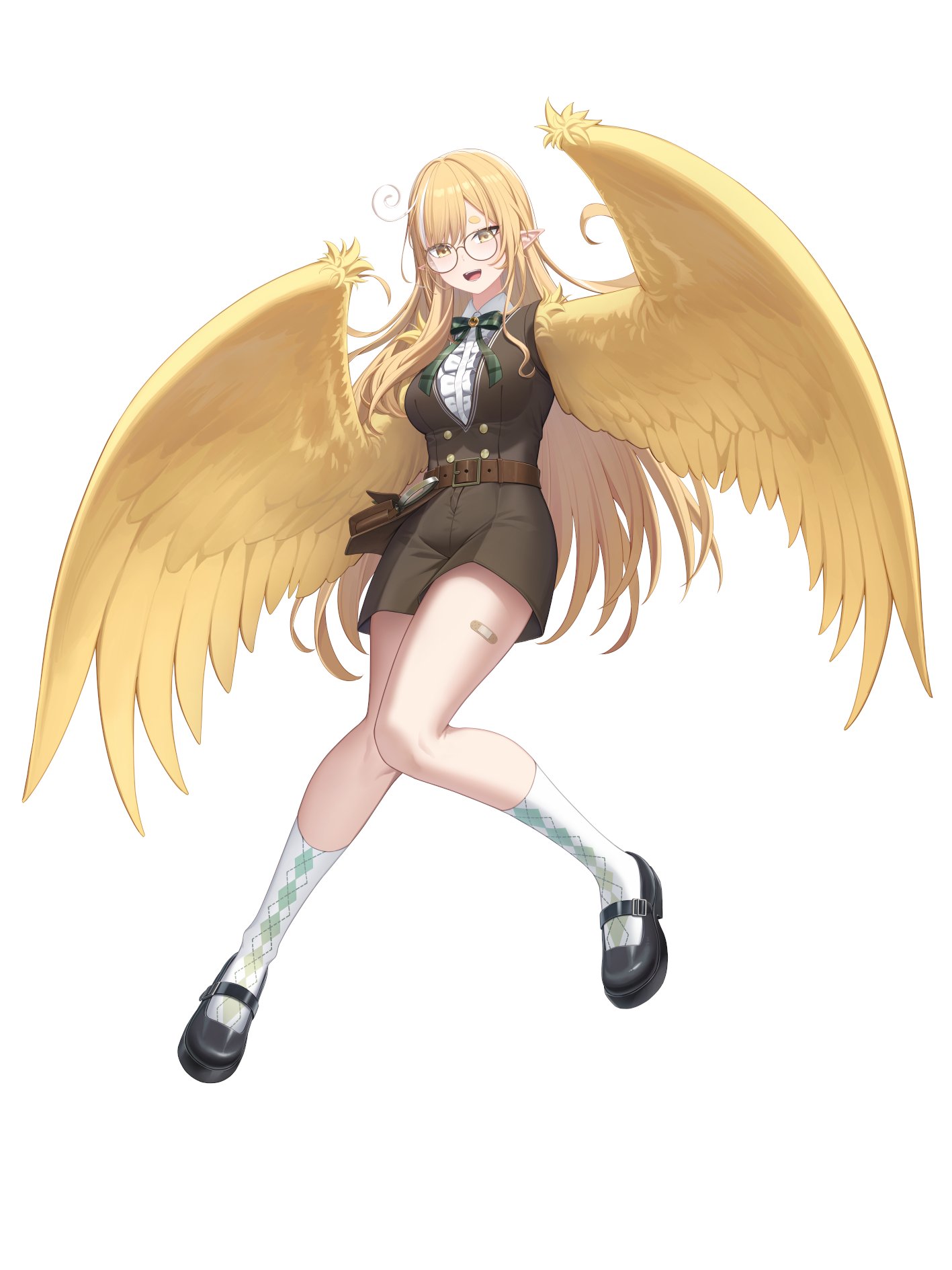 resu desu, kanna yanagi, commentary, english commentary, highres, second-party source, 1girl, bandaid, bandaid on leg, belt, black shoes, blonde hair, bow, bowtie, breasts, brown belt, center frills, collared shirt, feathered wings, frills, glasses, glitch stars, green bow, green bowtie, harpy, kanna yanagi (harpy), long hair, magnifying glass, monster girl, multicolored hair, open mouth, plaid bow, plaid bowtie, plaid clothes, pointy ears, round eyewear, shirt, shoes, socks, solo, streaked hair, virtual youtuber, white background, white hair, white shirt, white socks, wings, yellow eyes, yellow wings