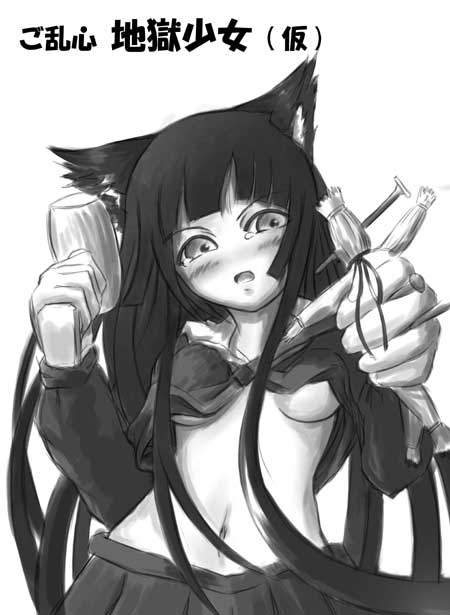 enma ai, jigoku shoujo, 00s, animal ears, cat ears, monochrome, school uniform, serafuku, sketch